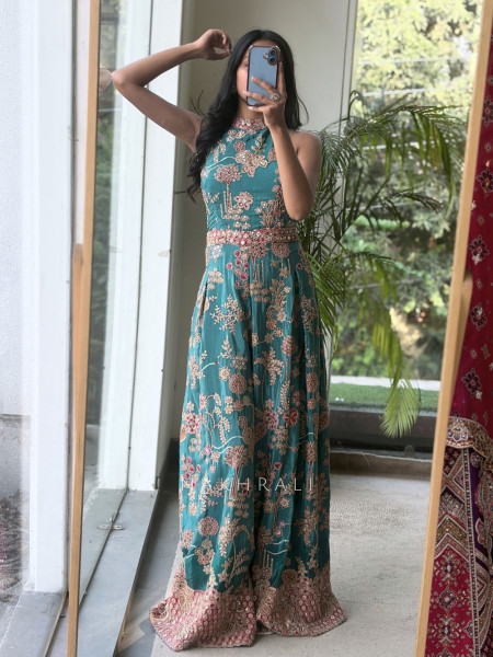 Ishvani Teal Blue Chanderi Silk Indo-Western Jumpsuit