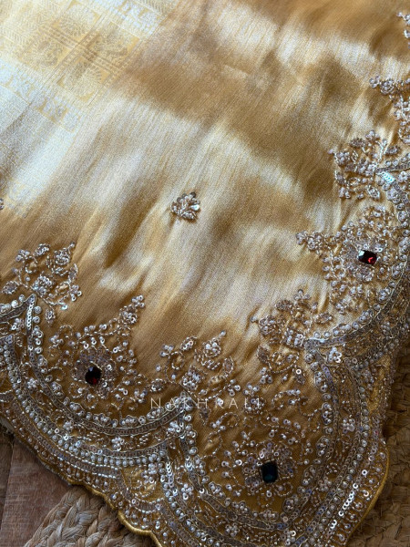 Mirev Beige Gold Zari Weaved Saree with Beads Sequin Embroidery