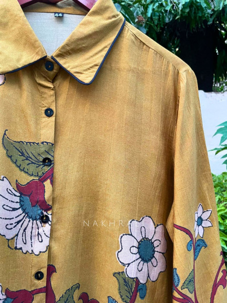 Rangva Mustard Printed Shirt with Floral Motif