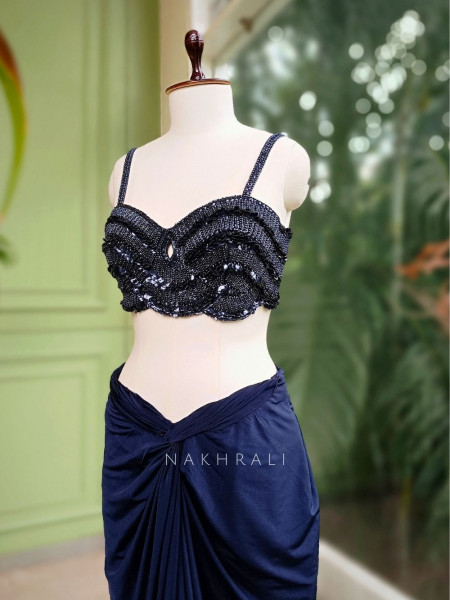 Midnight Spark Navy Crop Top Skirt Set with Cape