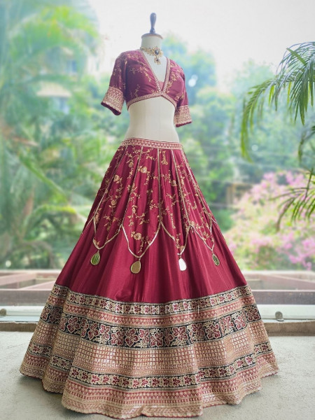 Orvian Maroon Lehenga Set with Floral Weave Sequin Border Work