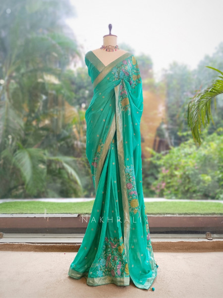 Gul-e-Rangat Rama Green Viscose Georgette Saree With Kashmiri Aari Floral Embroidery