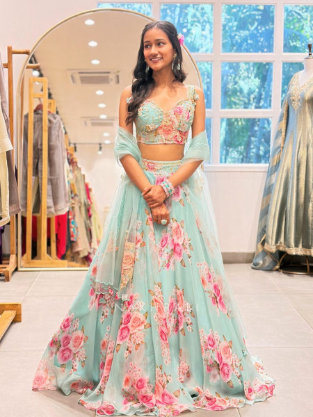 Elara Firozi Floral Indo-Western Lehenga with Sequin Cut Dana Embroidery