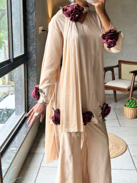 Shanaya Beige Palazzo Kurta Set With 3D Rose Appliqué Work