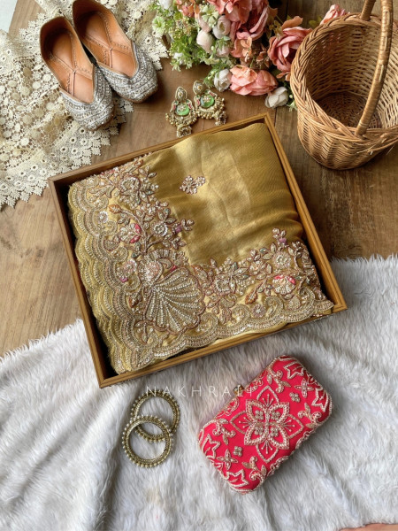 Celestial Golden Satin Silk Saree With Red Embroidered Dupatta