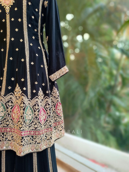 Kiara Black Zari Sequin Embroidered Kurta Palazzo Set with Dupatta