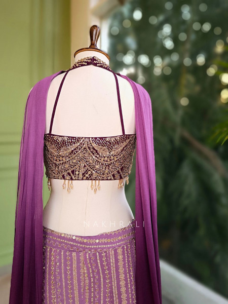 Serenya Purple Sequin Palazzo Set with Choker Dupatta