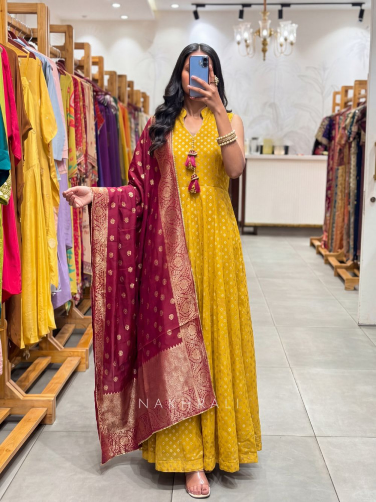 Image of Padmini Yellow Anarkali Suit Set With Banarasi Dupatta