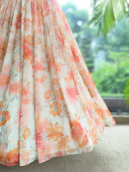 Noor-e-Basant Cream Georgette Lehenga Set With Floral Print & Embroidered