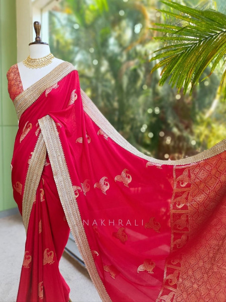Tavira Maroon Saree with Broad Border and Unstitched Blouse Piece
