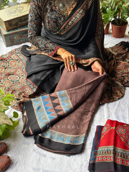 Dhani Brown Modal Silk Saree With Ajrakh Print