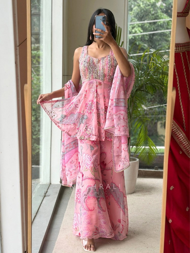 Image of Rhythm Pink Georgette Indo-Western Palazzo Set