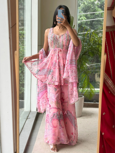 Rhythm Pink Georgette Indo-Western Palazzo Set