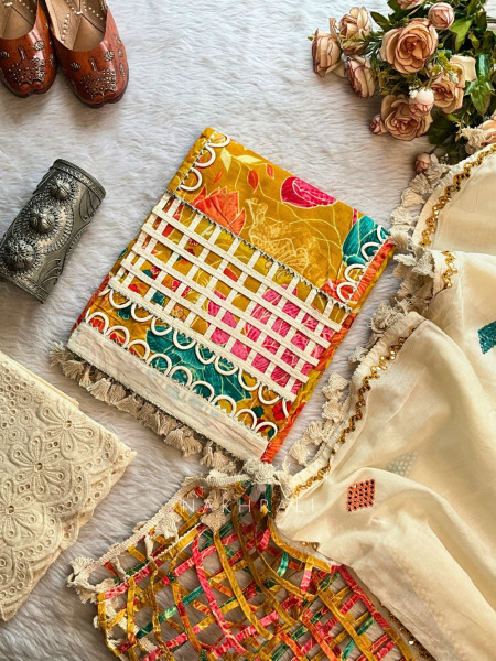 Phulwari Yellow Multicolor Cotton Dress Material with Net Detail