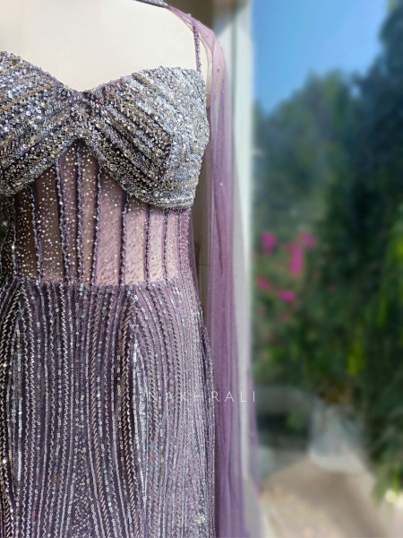 Seriza Purple Sequin Cut Dana Gown with Cape Dupatta