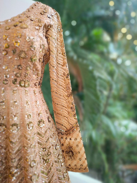 Mocha Glam Brown Achkan Pattern Lehenga with Zari Sequin Work
