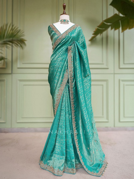 Tarangini Firozi Banarasi Tissue Georgette Saree with Scalloped Zardozi Border