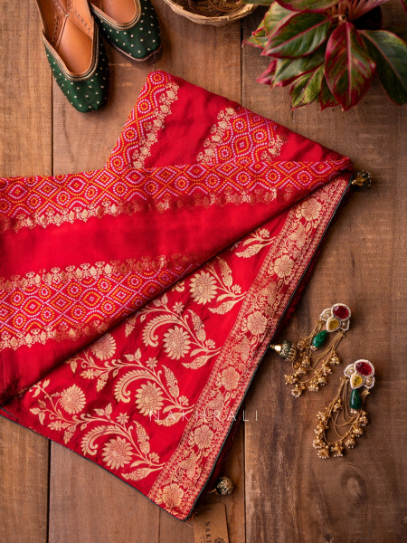 Pravahini Red Bandhani Saree with Sequin, Cut Dana & Mirror Work Readymade Blouse