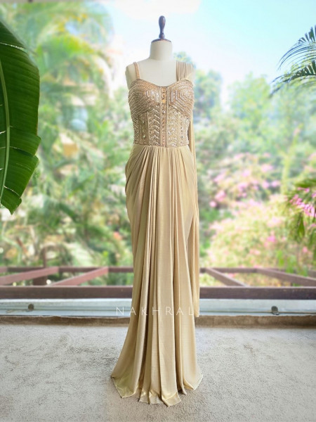 Sohvi Beige Drape Gown with Bead, Sequin, Cut Dana and Mirror Work