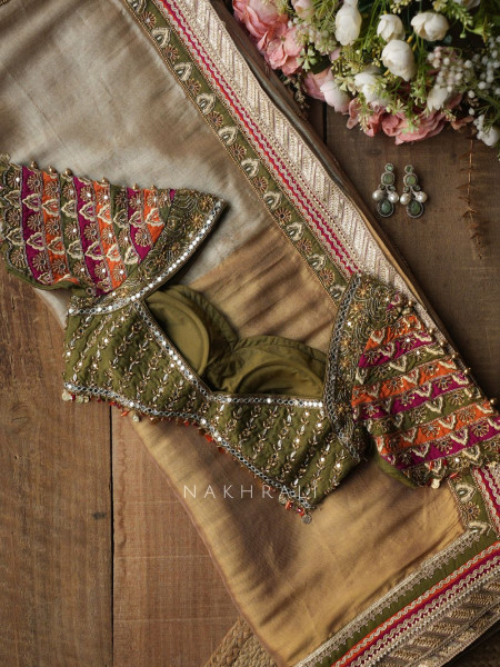 Kairi Mehendi Green Saree with Zari And Mirror Work