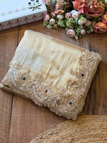 Mirev Beige Gold Zari Weaved Saree with Beads Sequin Embroidery