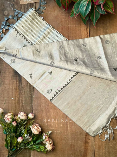 Vadi Green Raw Silk Saree with Embroidery & Block Print