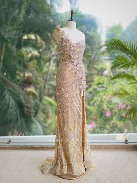 Opal Dawn Golden Gown with Stone, Sequin & Cut Dana Work