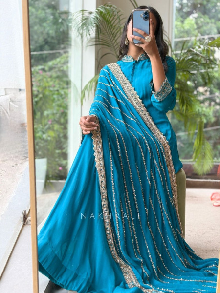 Zaira Faux Blue Premium Faux Georgette Anarkali Suit Set