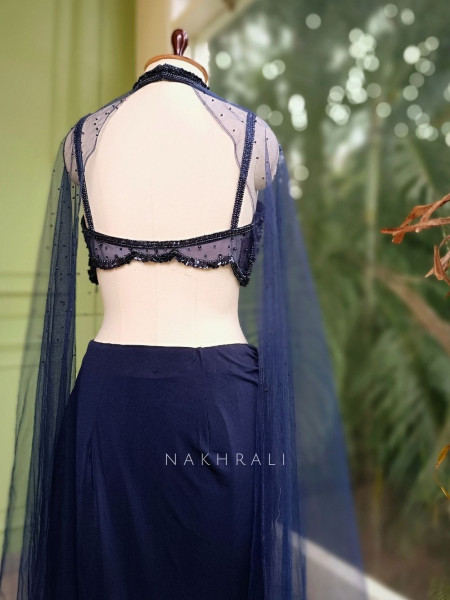 Midnight Spark Navy Crop Top Skirt Set with Cape