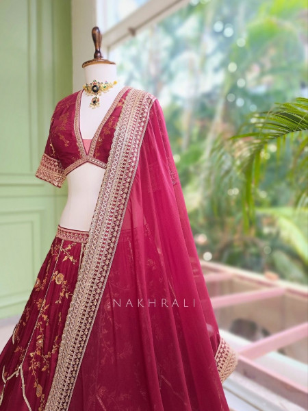 Orvian Maroon Lehenga Set with Floral Weave Sequin Border Work