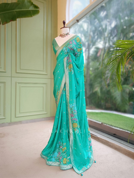 Gul-e-Rangat Rama Green Viscose Georgette Saree With Kashmiri Aari Floral Embroidery