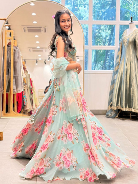 Elara Firozi Floral Indo-Western Lehenga with Sequin Cut Dana Embroidery