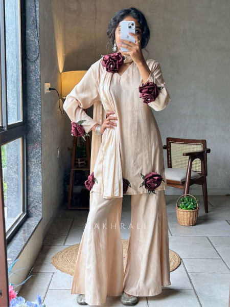 Shanaya Beige Palazzo Kurta Set With 3D Rose Appliqué Work