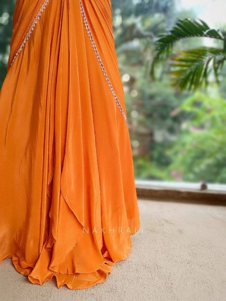 Aarini Orange Embroidered Drape Skirt Set