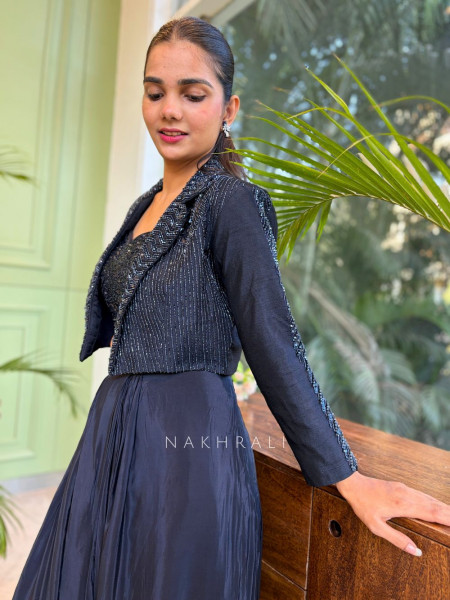 Noorvira Blue Embellished Crop Top Skirt Set with Jacket