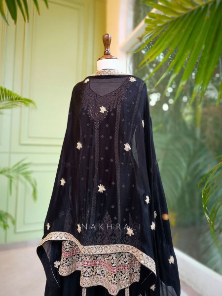 Kiara Black Zari Sequin Embroidered Kurta Palazzo Set with Dupatta