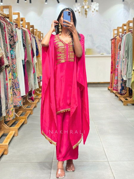 Velmira Magenta Kaftan Set with Sequin Bead Embellished Neck