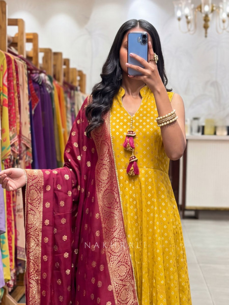 Padmini Yellow Anarkali Suit Set With Banarasi Dupatta