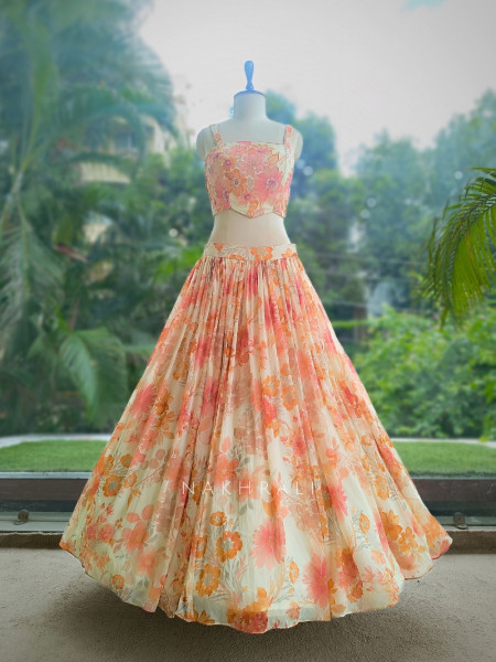 Noor-e-Basant Cream Georgette Lehenga Set With Floral Print & Embroidered
