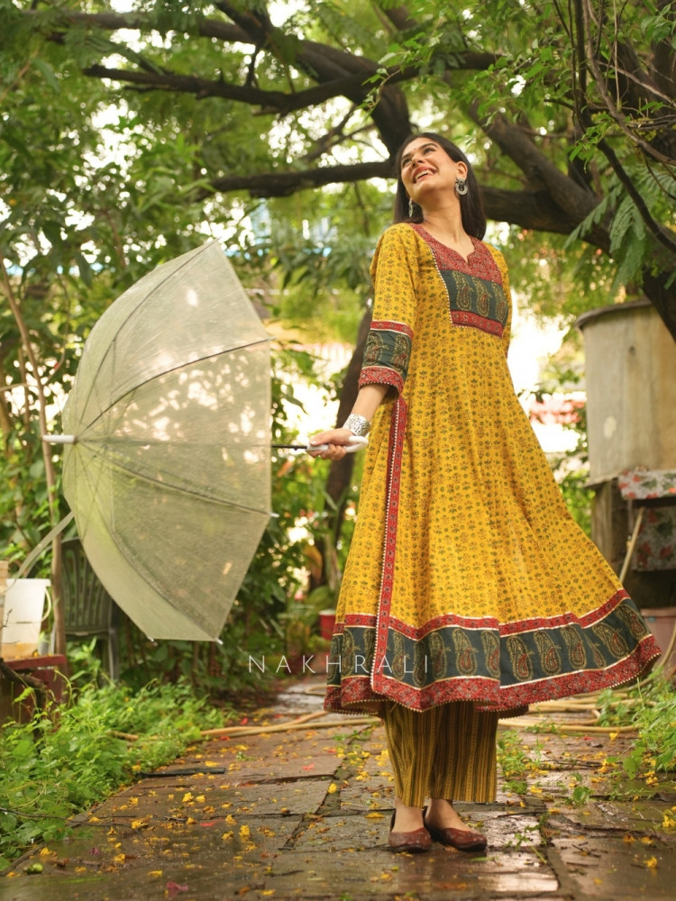 Image of Imroz Mustard Cotton Flared Kurta