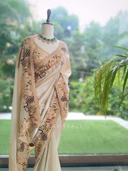 Meadowlark Cream Saree with Readymade Blouse and Beads Thread Embroidery