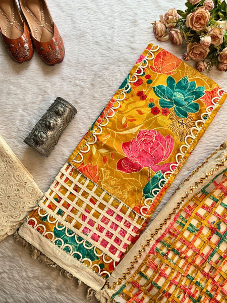 Phulwari Yellow Multicolor Cotton Dress Material with Net Detail