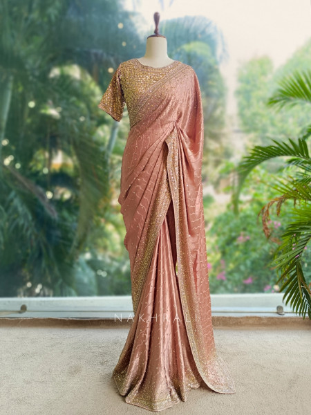 Myra Peach Saree with Embroidered Readymade Blouse