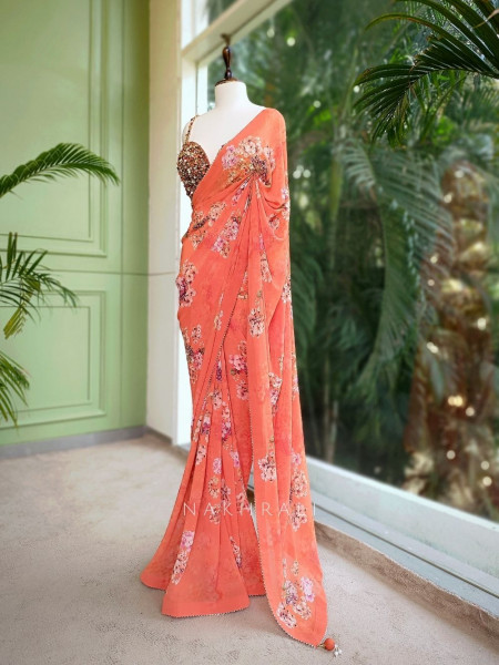 Sunset Bloom Orange Floral Saree with Beaded Scallop Border
