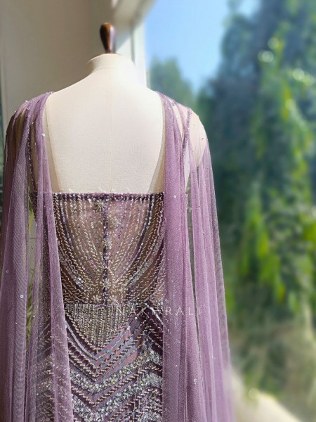 Seriza Purple Sequin Cut Dana Gown with Cape Dupatta