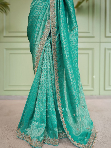 Tarangini Firozi Banarasi Tissue Georgette Saree with Scalloped Zardozi Border