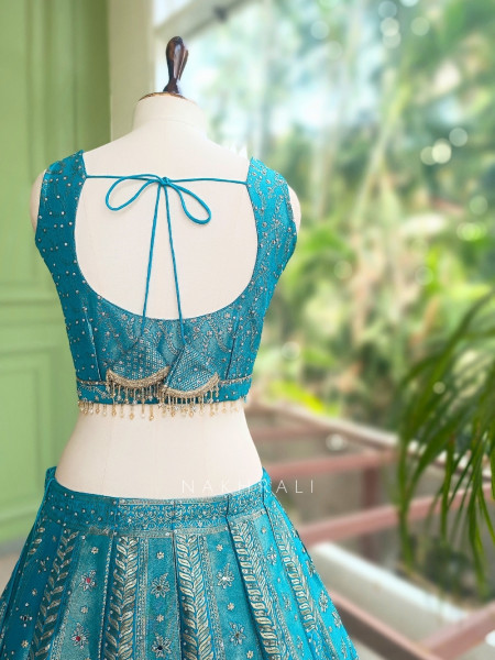 Mrigesha Rama Banarasi Silk Lehenga Set With Mirror Cutdana Work