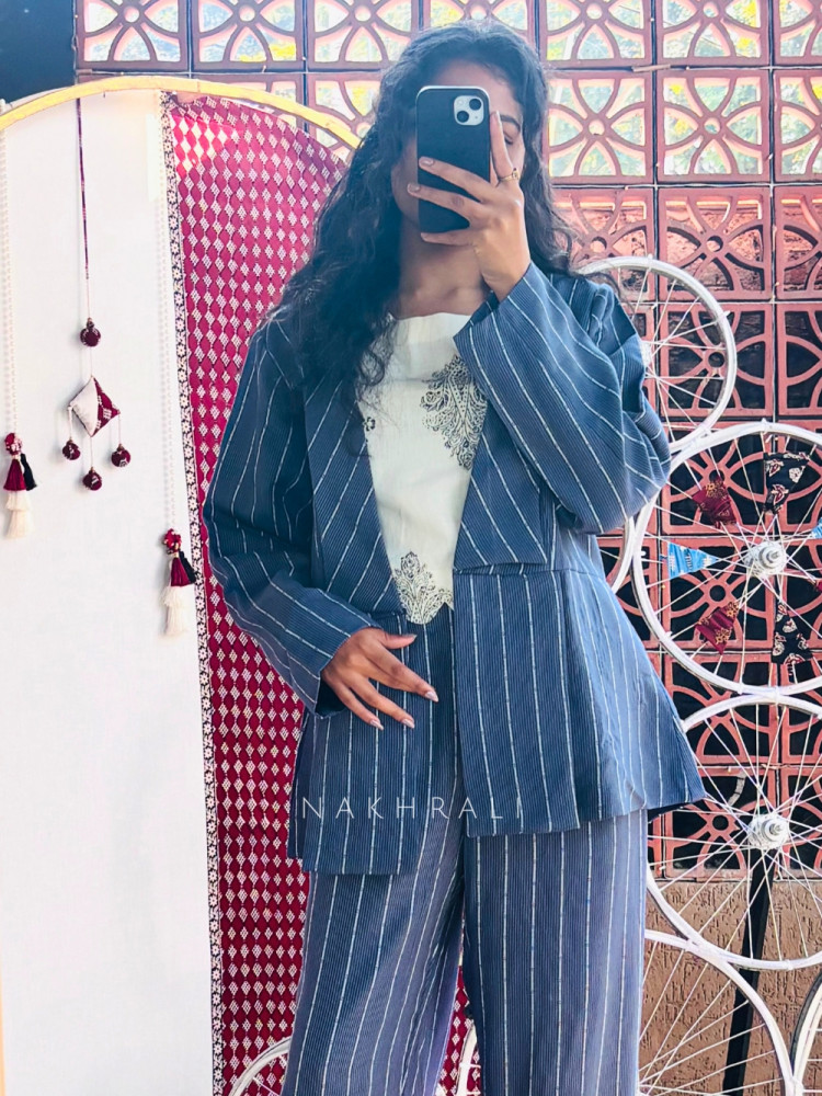 Image of Mira Blue Cotton Co-ord Set with Striped Detailing