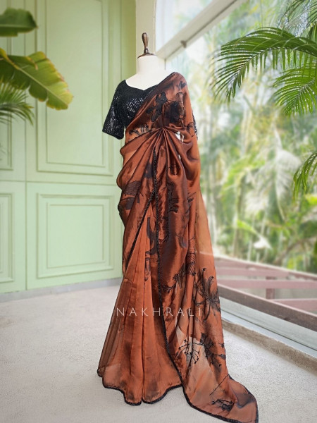 Glittering Brown Organza Silk Saree with Abstract Floral Peacock Cutdana Work