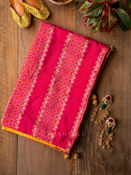 Pravahini Magenta Bandhani Saree with Sequin, Cut Dana & Mirror Work Readymade Blouse